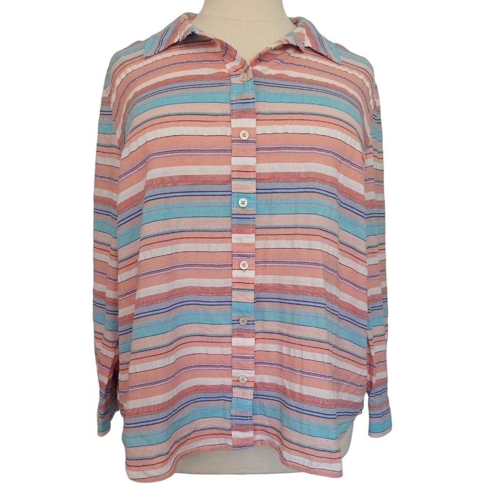 Talbots 100% Cotton Coral Pink Blue White Stripe Button-Up Shirt Beachy Classic